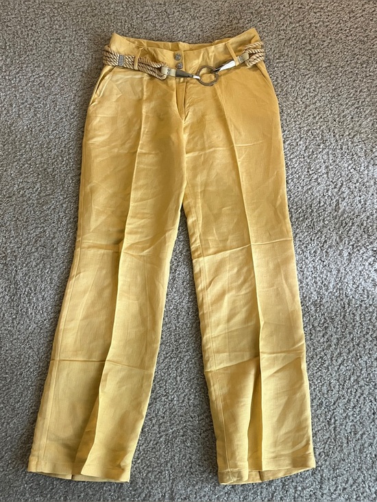 Vantarsi Pants - Vantarsi Women's Pale Yellow Linen Blend Belted Straight Pants Size L NWT Jewels